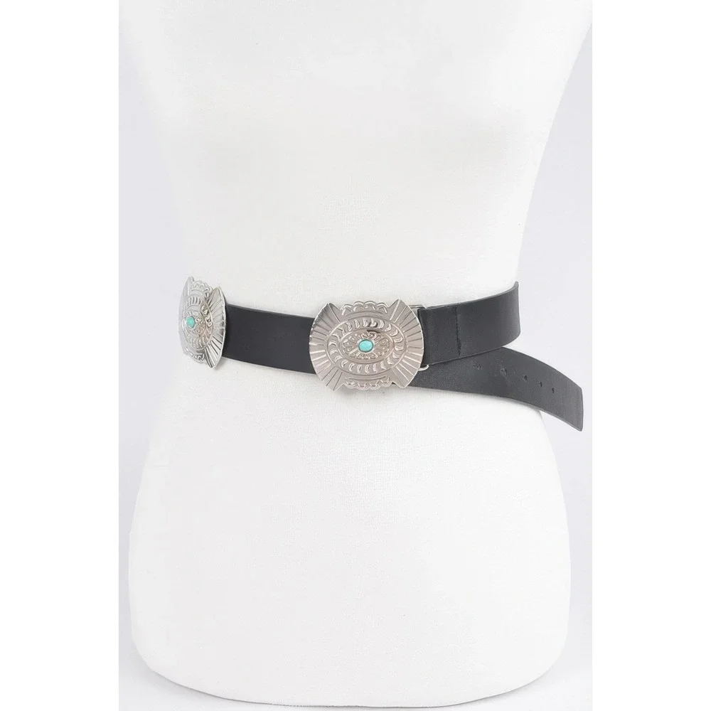 Concho Belt Women OS Black Excellent Western Turquoise Boho Medallion